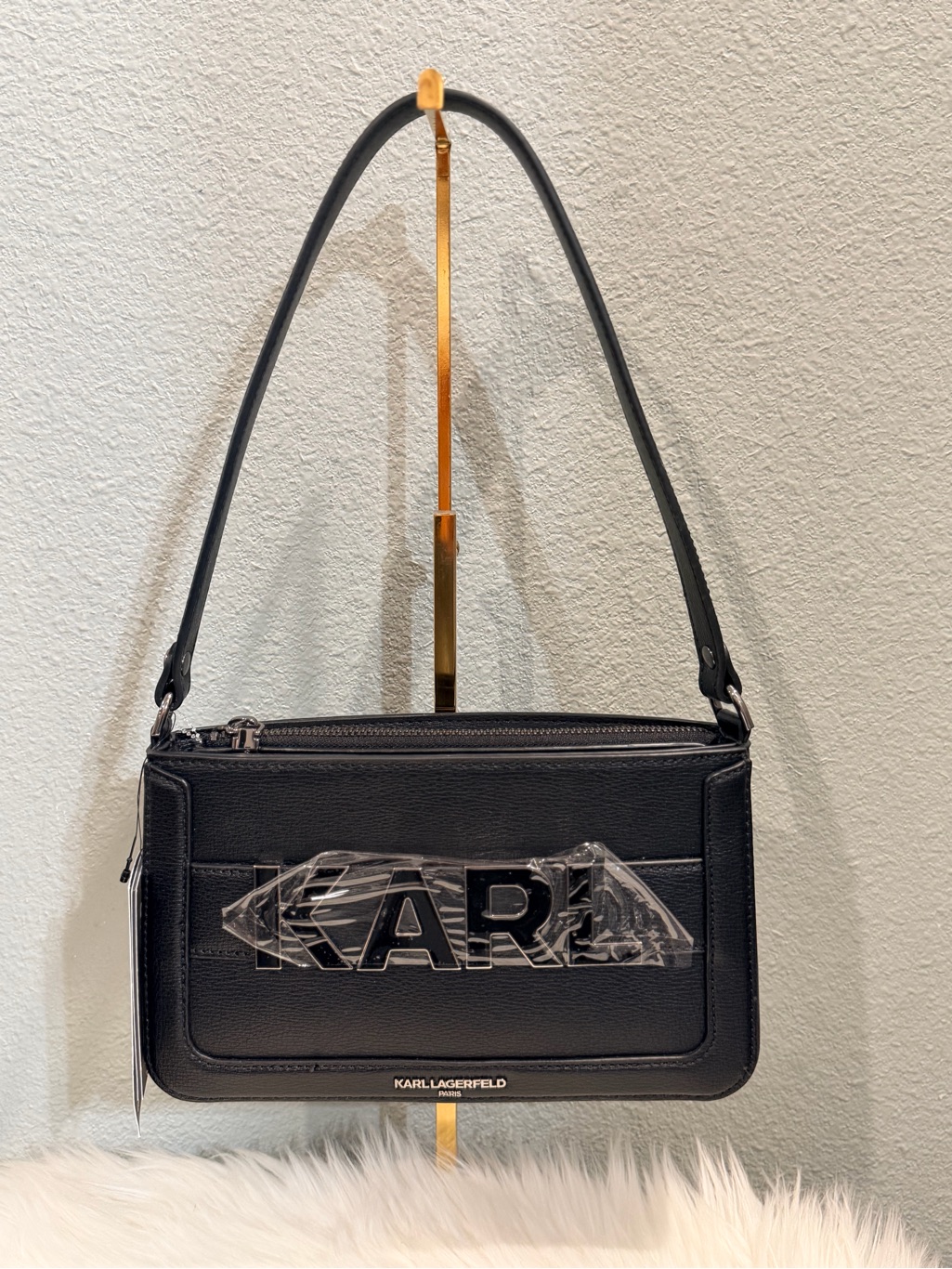 Karl Lagerfeld Black Leather Logo-Front Shoulder Bag
